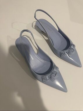 Stuart Weitzman Powder Blue Pointed Slingback Mules with Rosette
